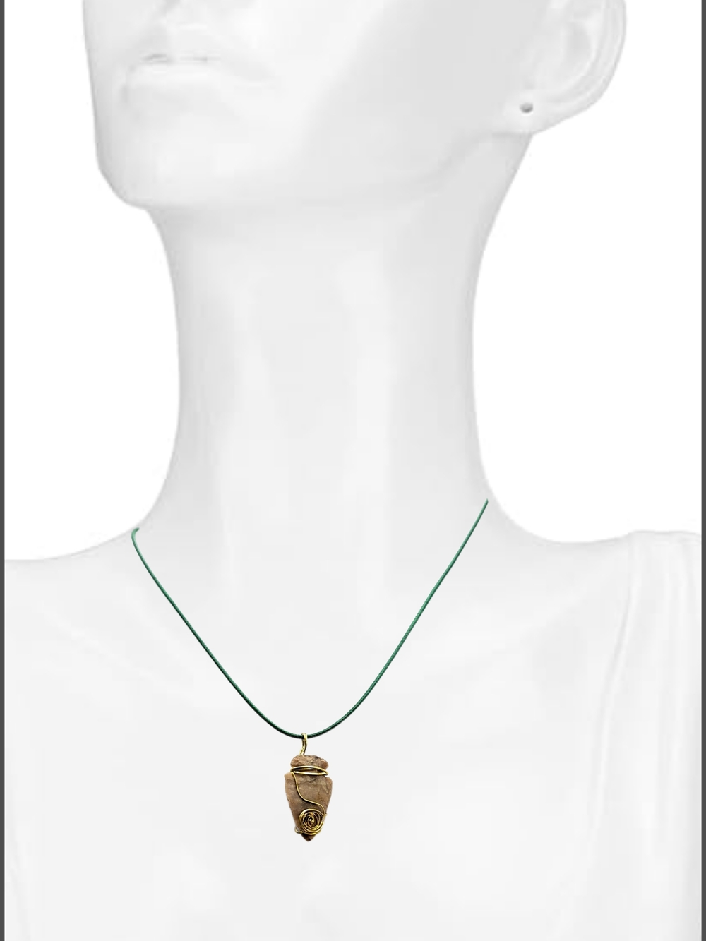 Handcrafted Light Brown Arrowhead Stone Pendant w/ Gold Wire Wrap & Cord Necklac